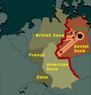 This is how Germany was split up after the war in four different zones. The thick red lines represents the later so-called iron curtain.